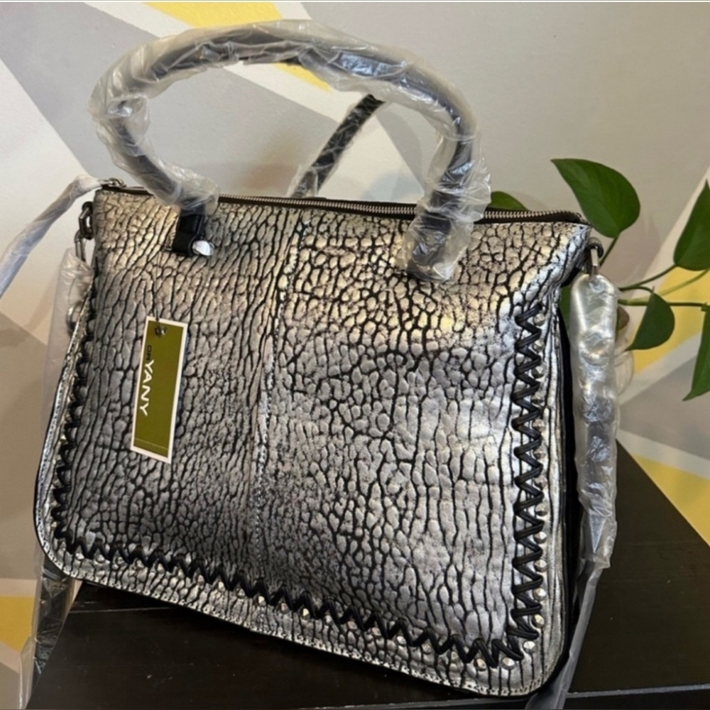 orYANY Silver/Black Embossed Leather Suede Crossbody/Shoulder Bag NWT & Dustbag